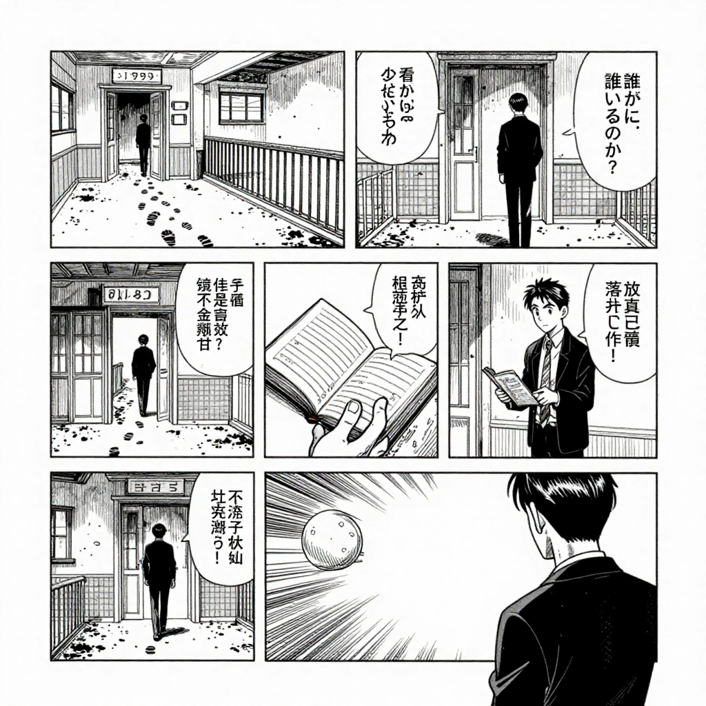 A black-and-white manga page with five clear panels showing a detective entering an abandoned seaside hotel, discovering wet footprints, opening a locked guestb