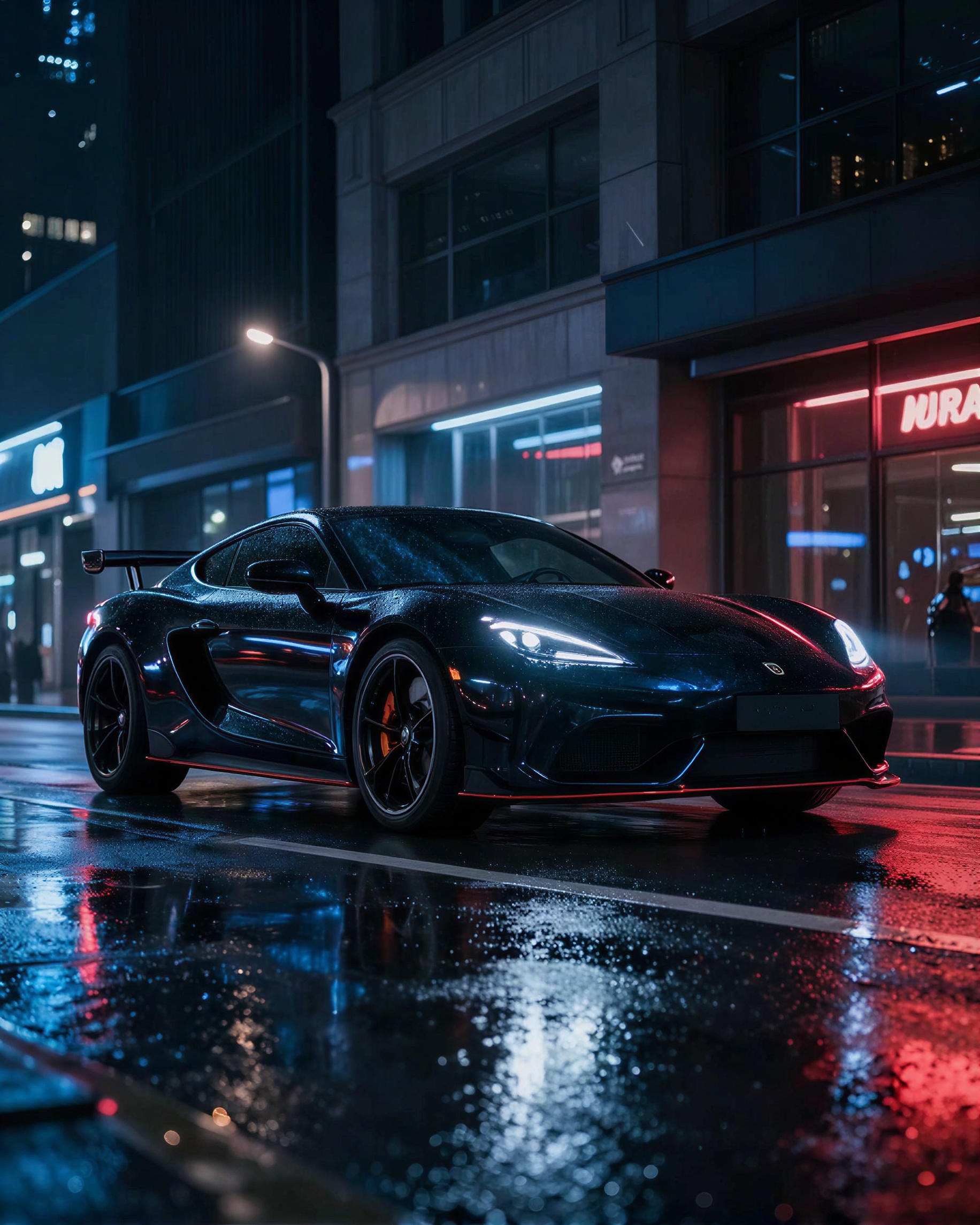 um carro esportivo preto elegante estacionado sob luzes neon em uma rua chuvosa da cidade, fotografia automotiva, reflexos no asfalto molhado, tomada cinematogr