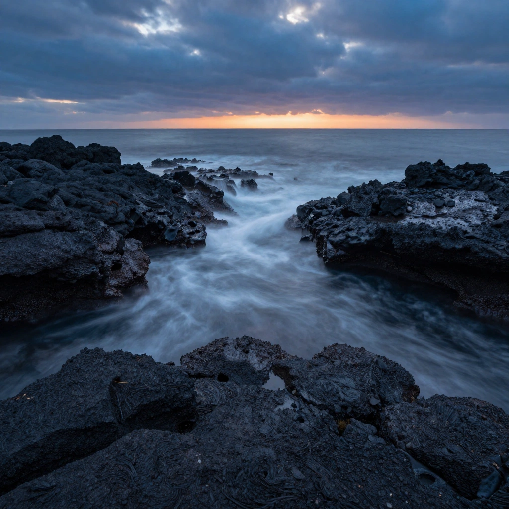 A long-exposure photograph of dark volcanic rocks along a rugged coast shortly after sunset. Receding waves appear as smooth translucent ribbons between the roc