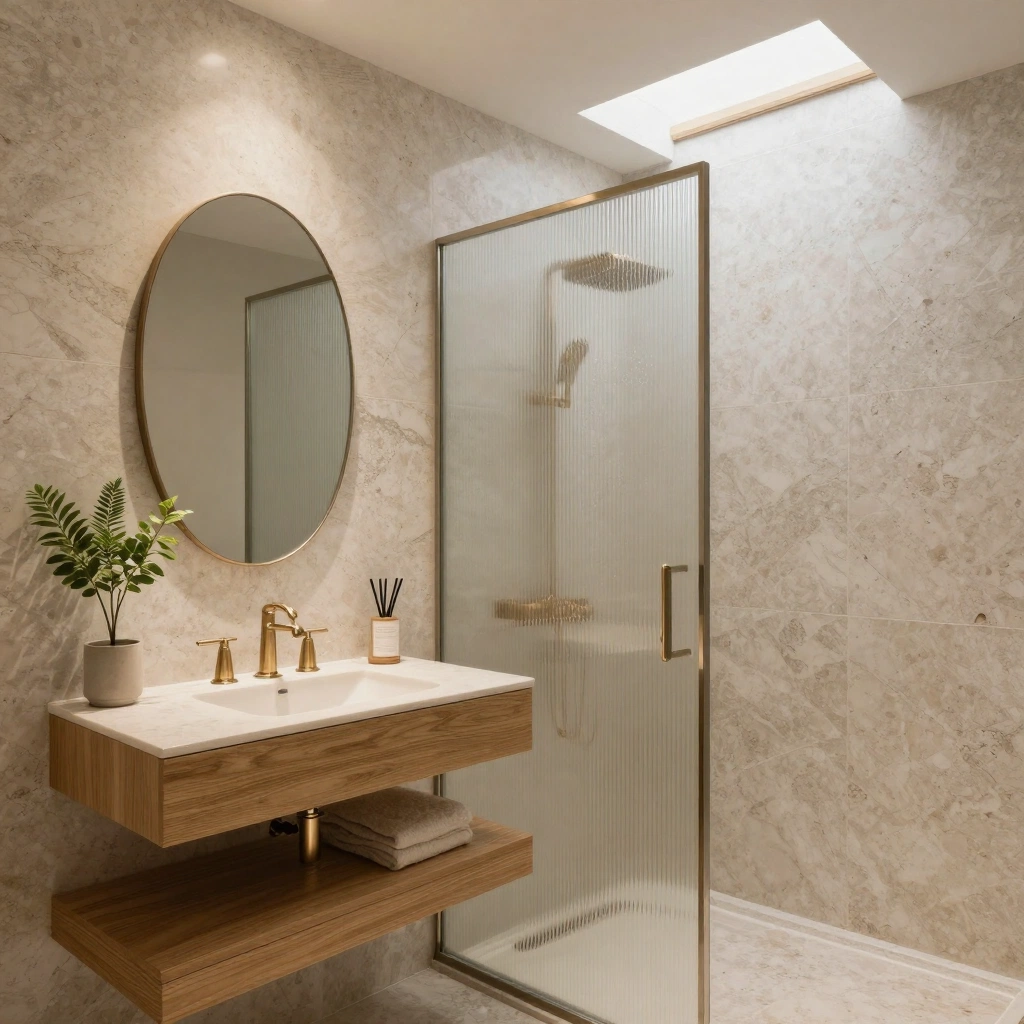 A refined boutique-hotel bathroom with honed travertine walls, floating oak vanity, oval mirror, brushed nickel fixtures, walk-in rainfall shower, ribbed-glass 
