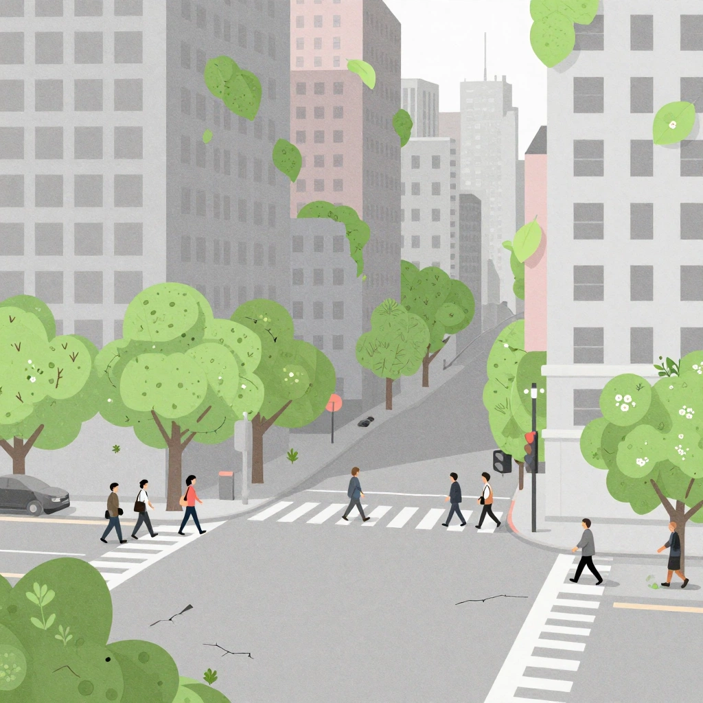 An editorial illustration about the arrival of spring in a dense city: commuters cross a gray intersection while bright green leaves and small flowers gradually