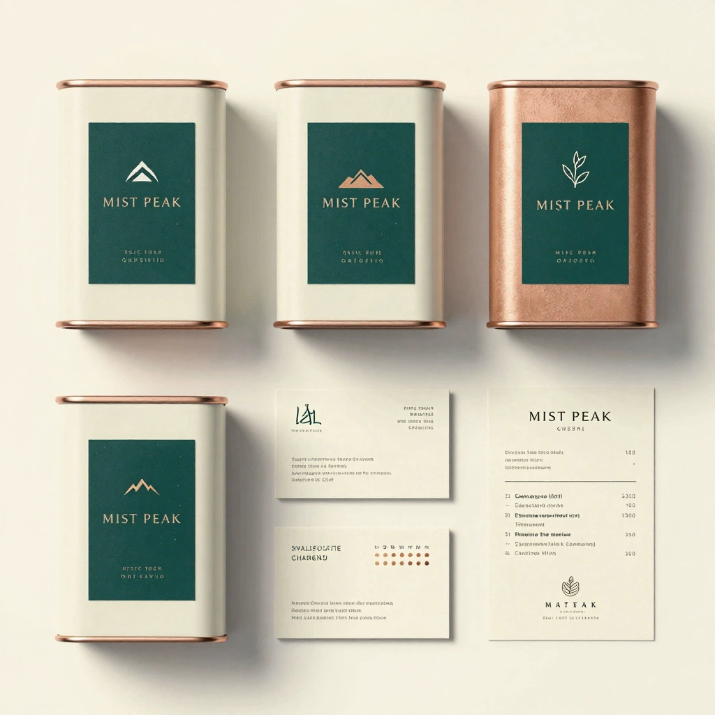 Create a coherent brand identity presentation for a premium Taiwanese tea brand named \"MIST PEAK\". Show a restrained wordmark, a mountain-and-tea-leaf emblem,