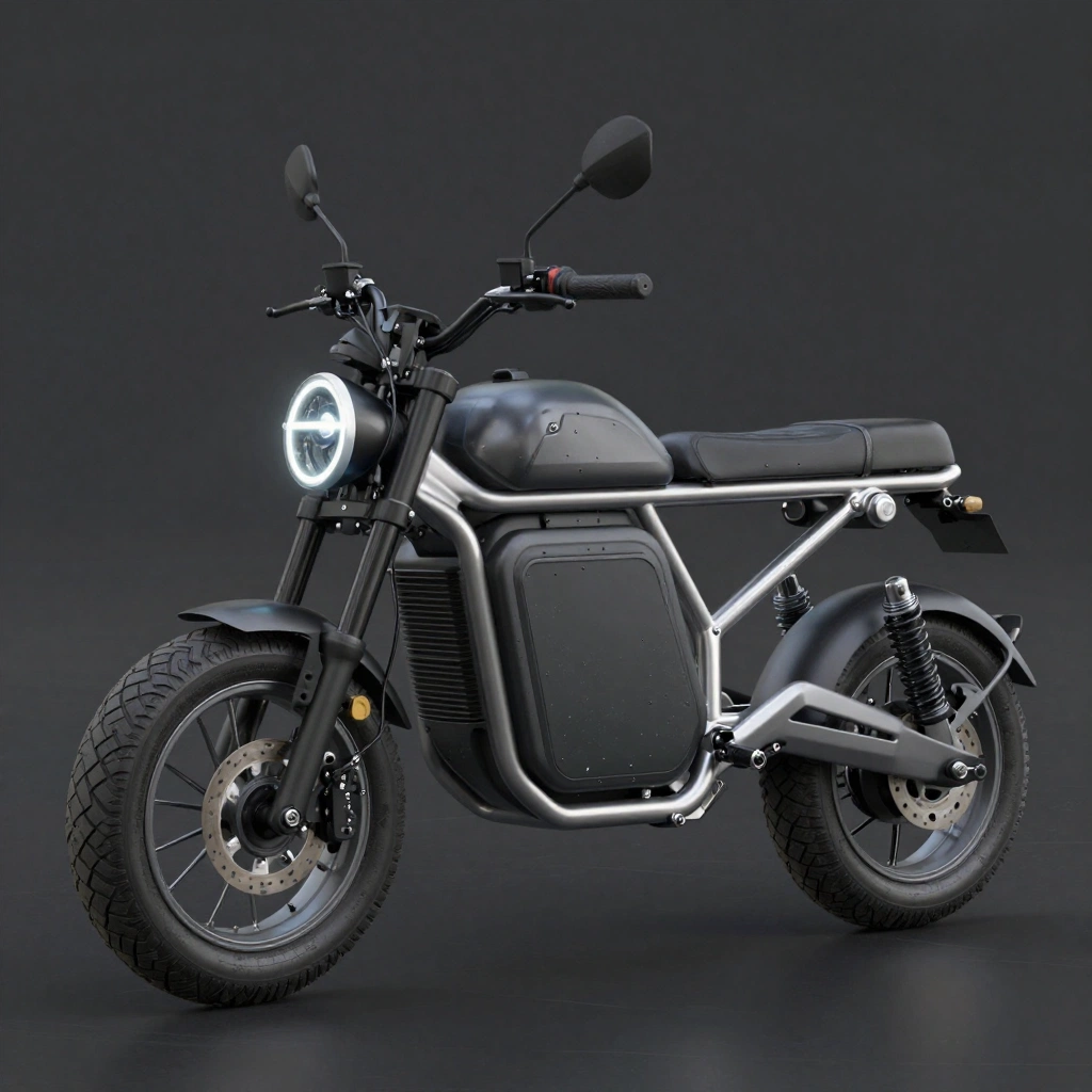 A photorealistic 3D concept rendering of a compact electric motorcycle designed for dense cities. It has an exposed aluminum frame, removable battery module, na