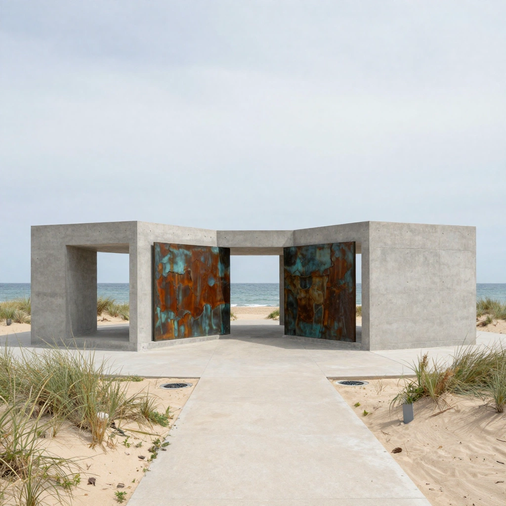 Design a small coastal art museum composed of three low concrete volumes arranged around a protected sculpture courtyard. Narrow openings frame ocean views whil