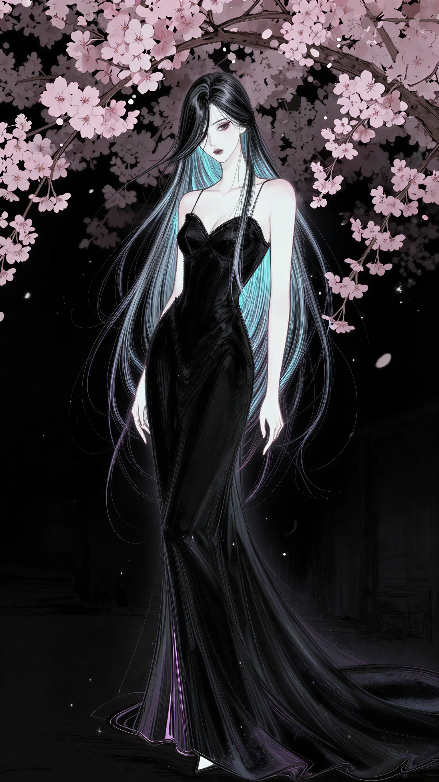 an elegant adult woman with an extremely slender fashion-model silhouette, wearing a long flowing black couture gown, standing beneath dense pink cherry blossom