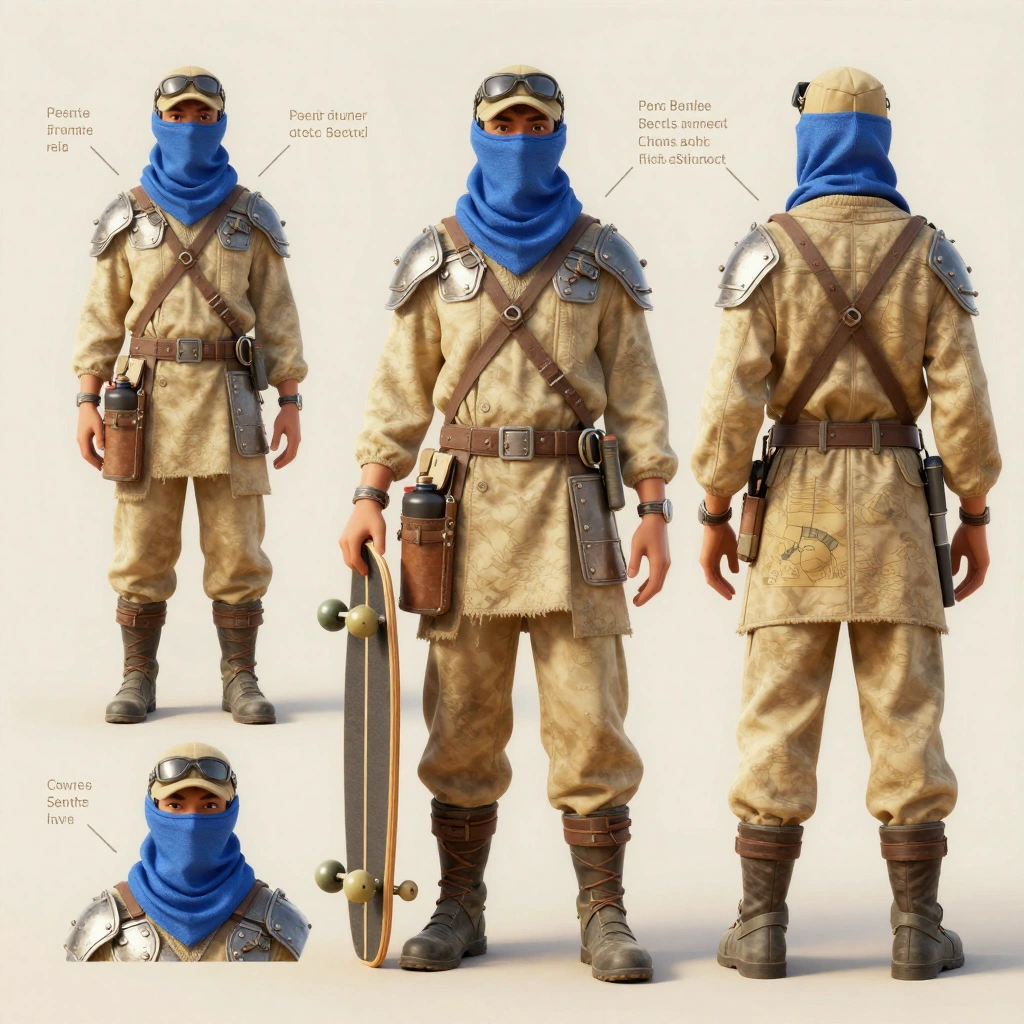 Design an adult desert courier character for an adventure game. The character wears layered sand-colored travel clothing, a blue face scarf, lightweight armor p