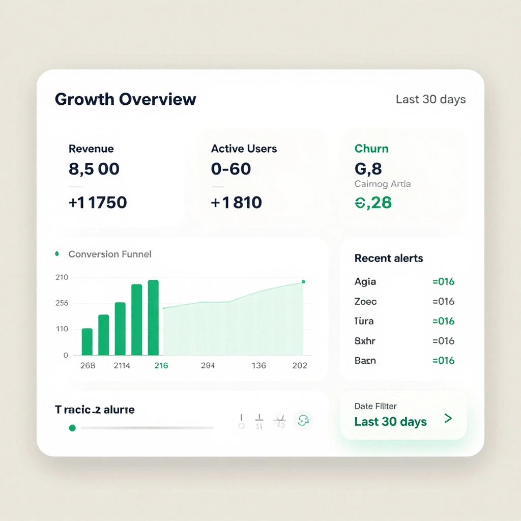 Design a polished desktop analytics dashboard for a subscription SaaS product. The top bar reads \"Growth Overview\" and the interface includes revenue, active 