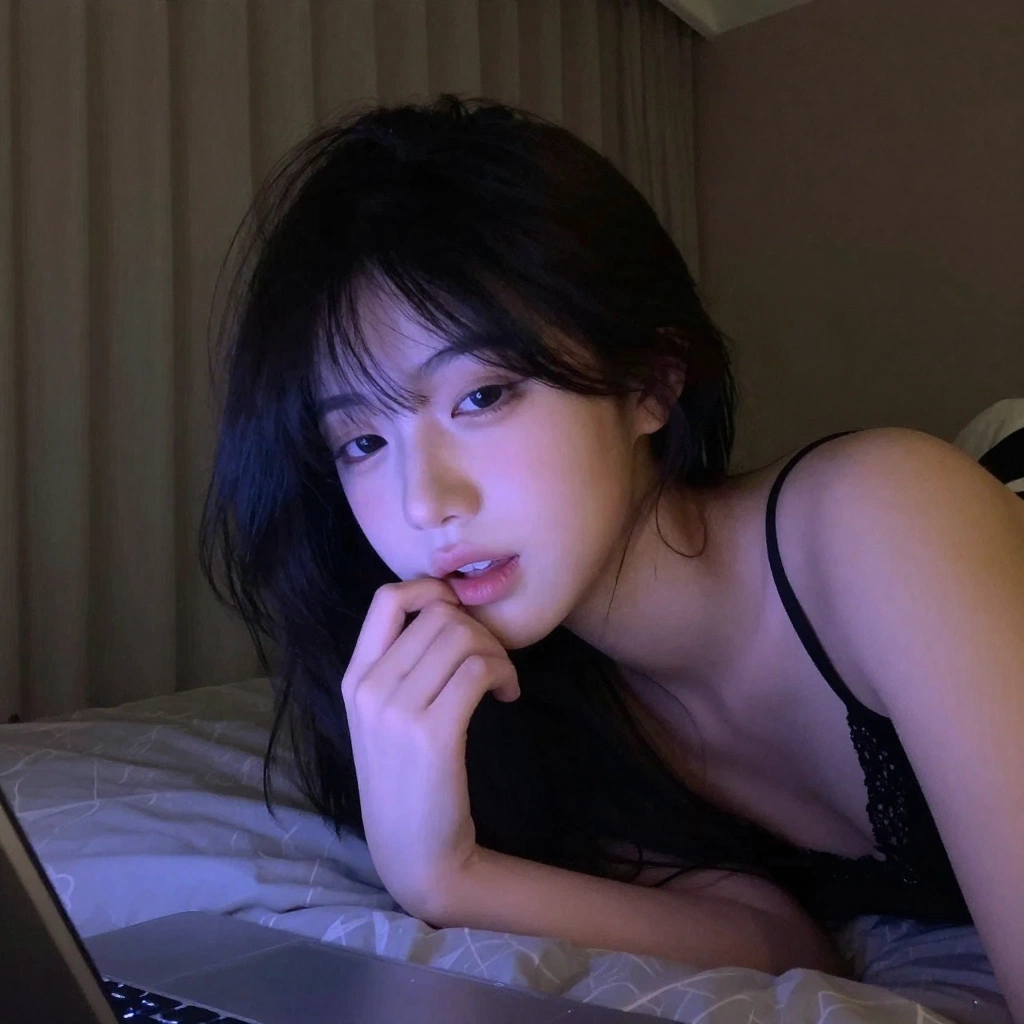 Vertical, realistic low-light phone selfie in a dim bedroom at night. Same face as reference (no changes). Cool bluish-purple screen glow lighting on a pale fac
