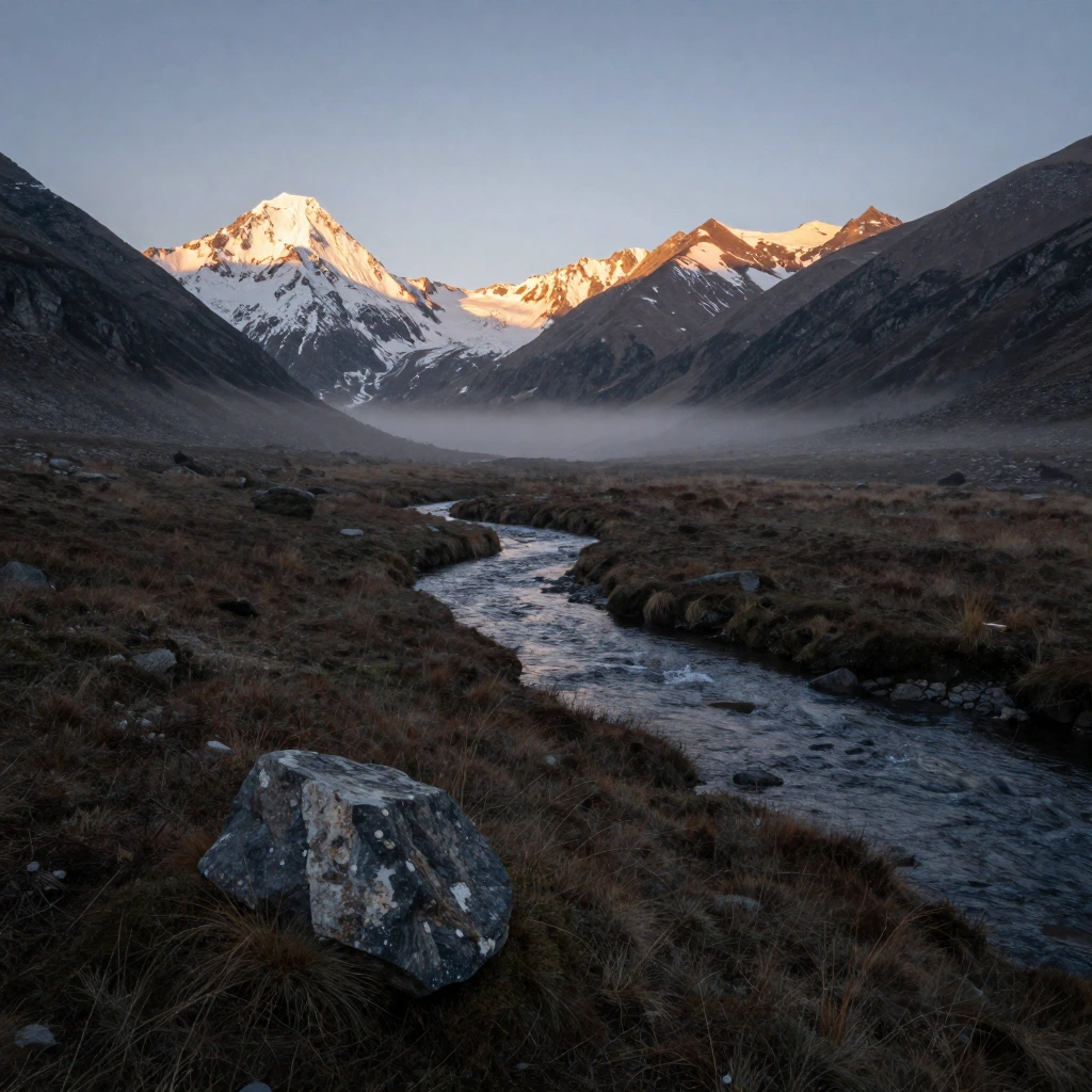 A broad alpine valley at sunrise with a narrow river winding through dark meadow grass, low mist suspended above the water, and distant snow-covered peaks catch