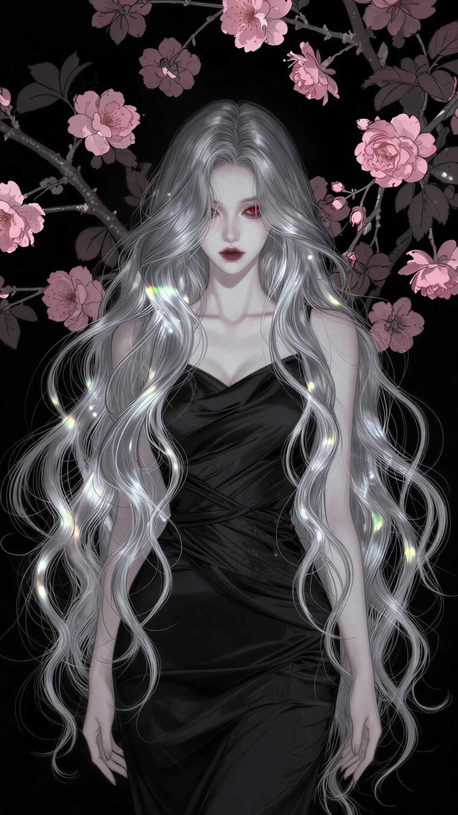 waist-up portrait of an elegant adult woman surrounded by dark cherry blossom branches, long layered silver hair obscuring half of her face, fitted black draped