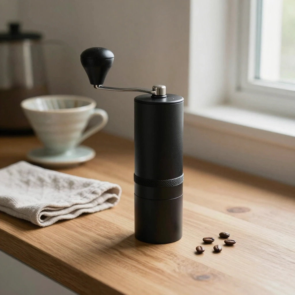 A compact matte-black manual coffee grinder placed beside a ceramic dripper, folded linen cloth, and a few roasted beans on a warm oak kitchen counter. Morning 