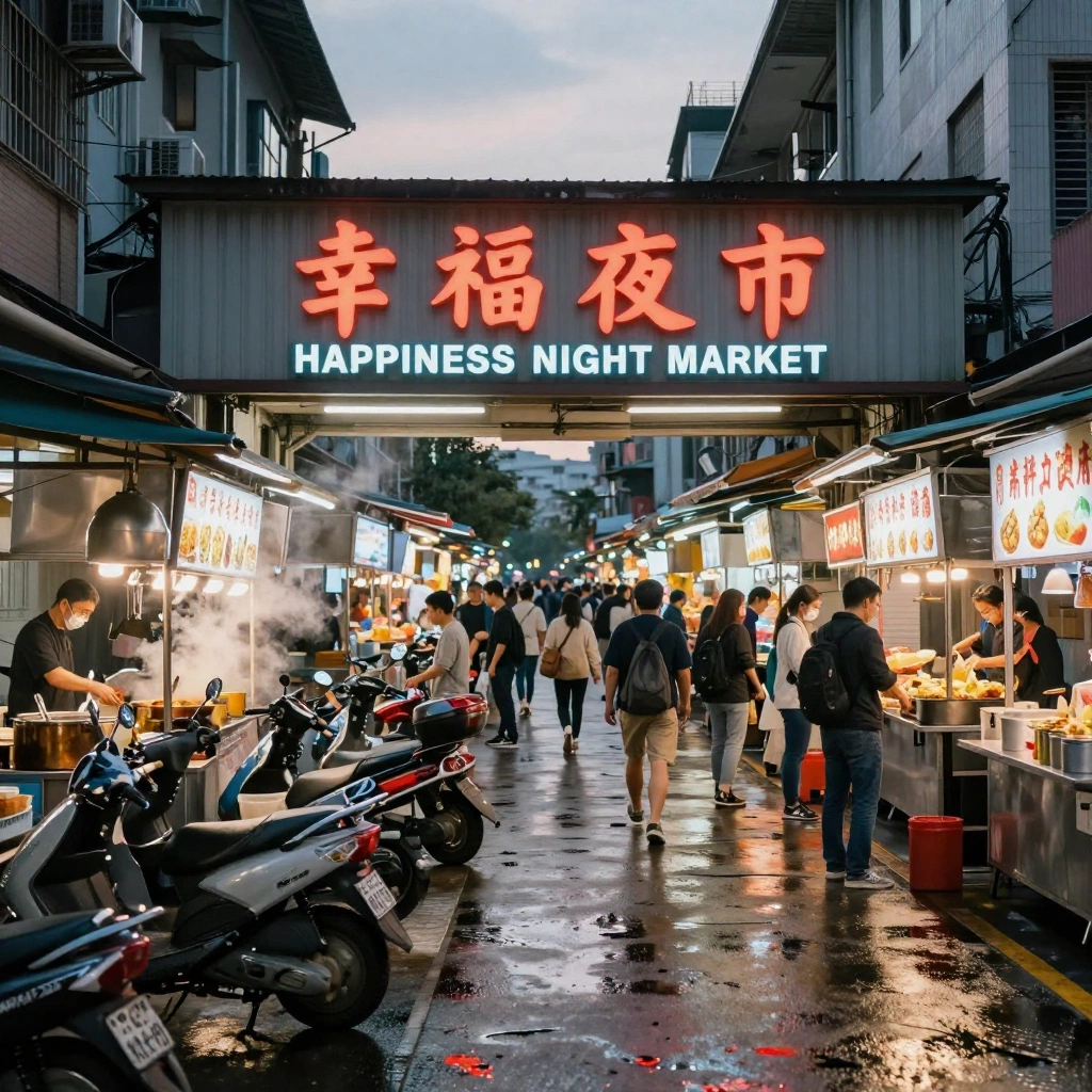 A lively Taiwanese night-market entrance after sunset, with food stalls, scooters parked at the edge, steam rising from cooking pots, and visitors moving throug