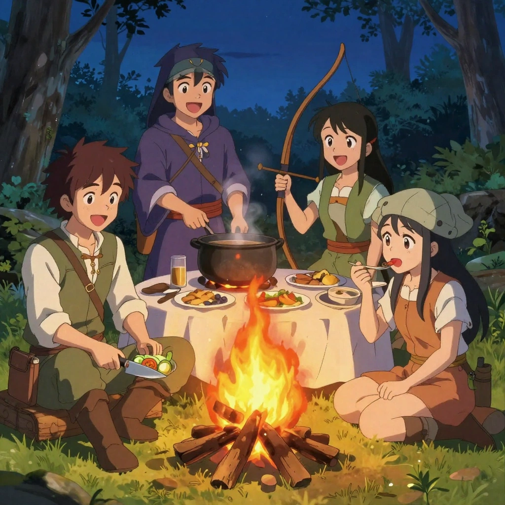 A cheerful anime illustration of four young adult adventurers cooking dinner beside a campfire after a journey: a knight chopping vegetables, a mage stirring a 