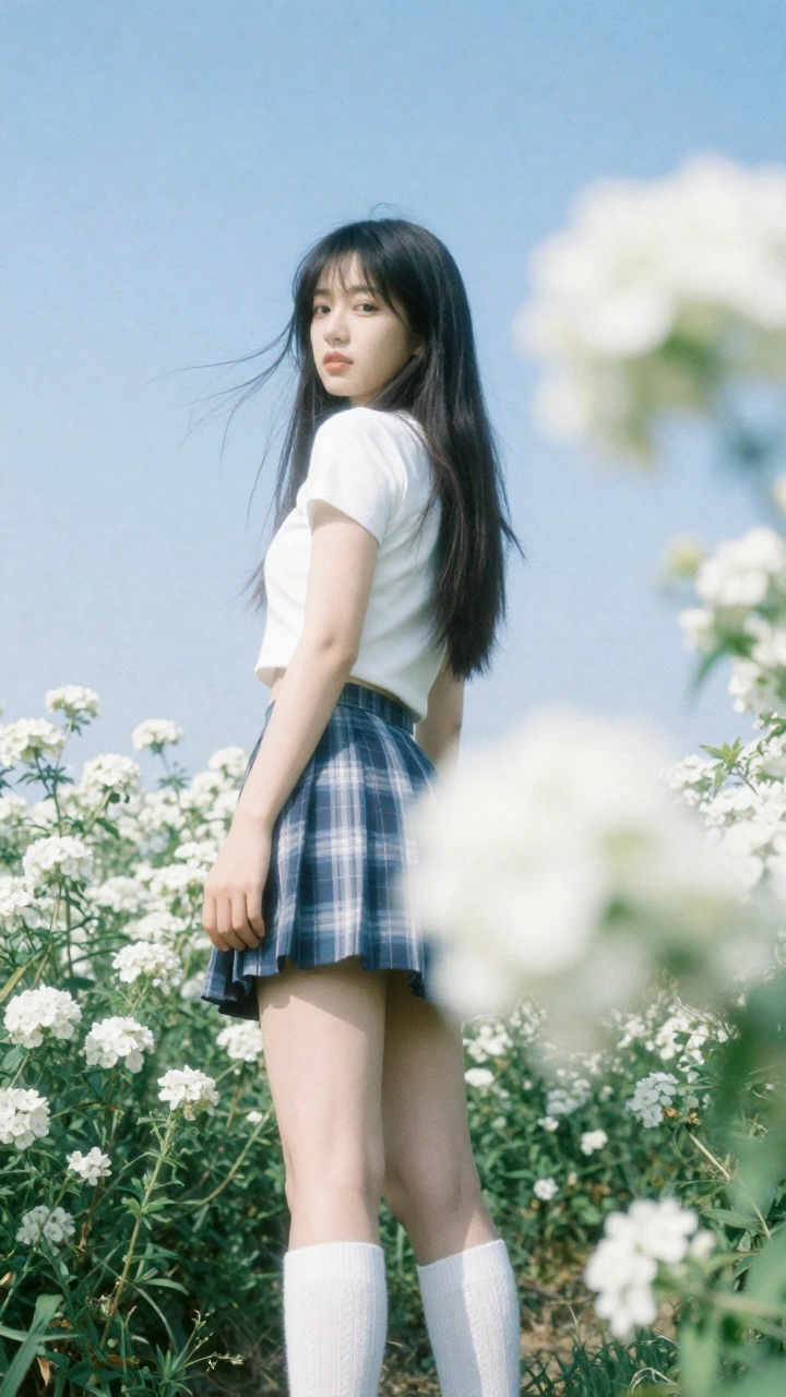 un portrait photographique japonais pris sur le vif d'une belle femme est-asiatique adulte debout dans un champ de fleurs blanches en pleine floraison par une j