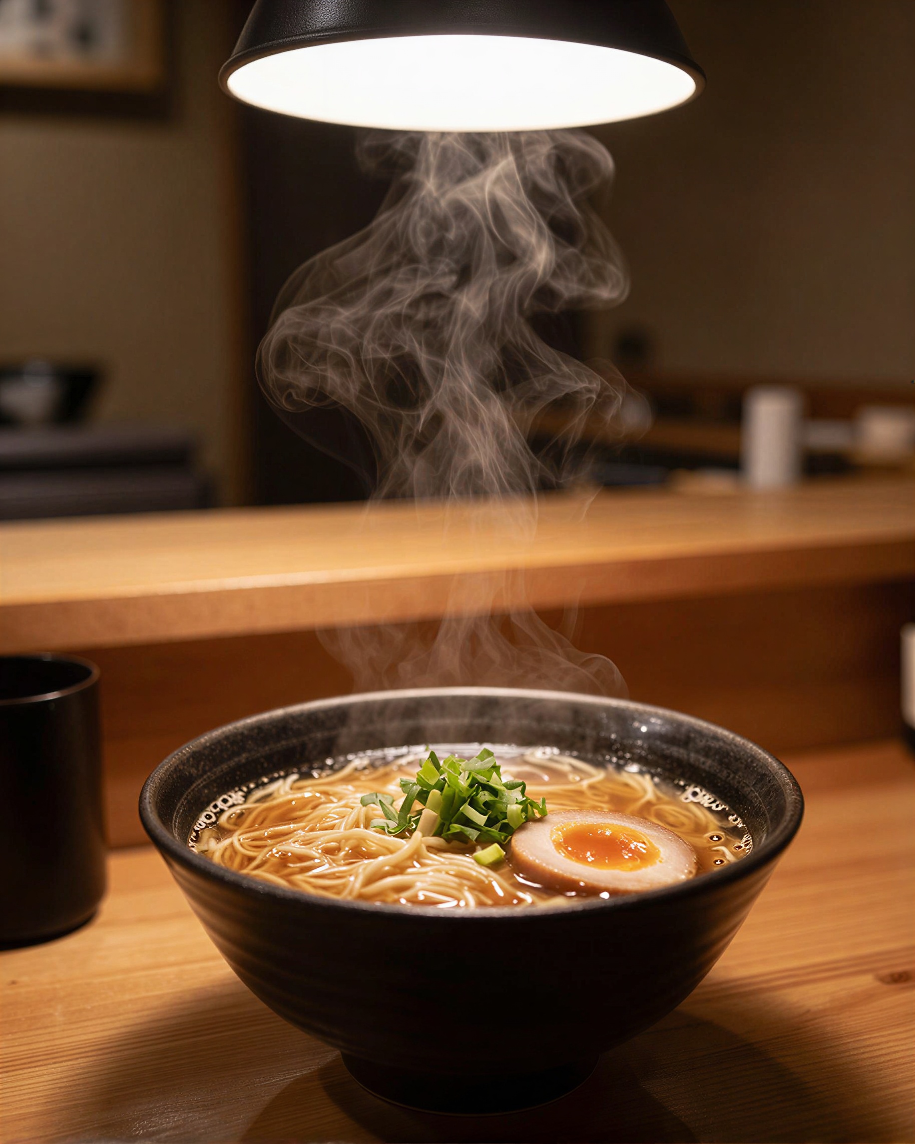 uma tigela de ramen artesanal em um balcão de madeira em um pequeno restaurante japonês, fotografia editorial de comida, luz quente vinda de cima, vapor subindo