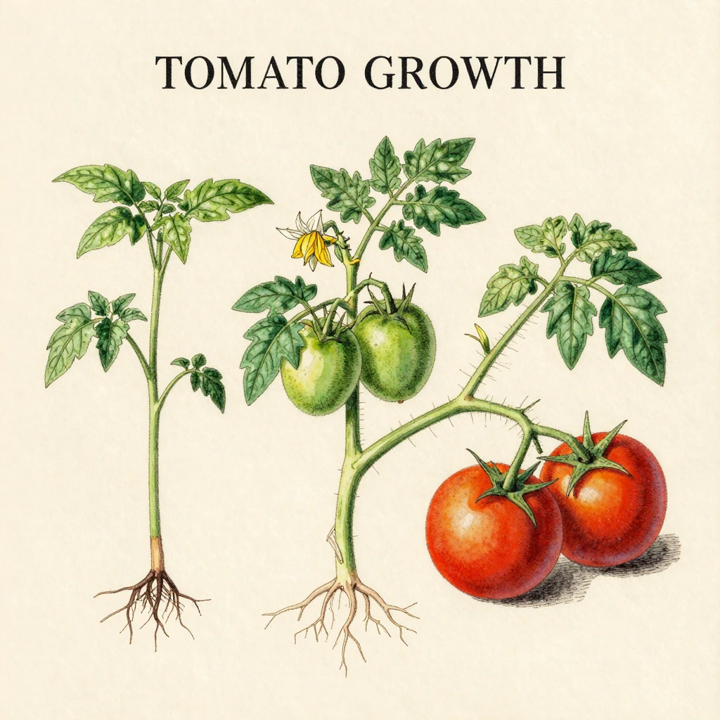 A vintage botanical plate illustrating four stages of a tomato plant: seedling, flowering stem, green fruit, and ripe fruit. Arrange the specimens vertically on