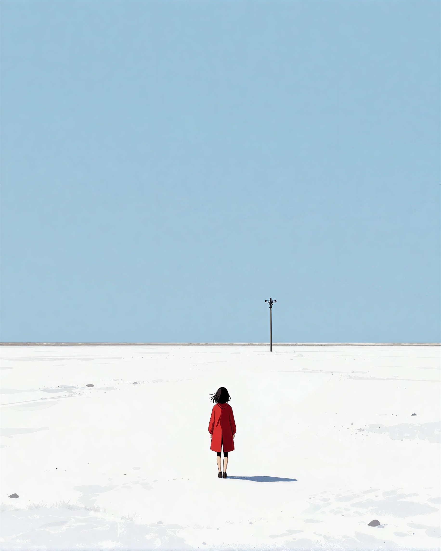 Uma garota solitária de casaco vermelho em pé em um enorme deserto de sal branco sob um céu azul pálido, um poste de telefone distante, ilustração de pôster de 