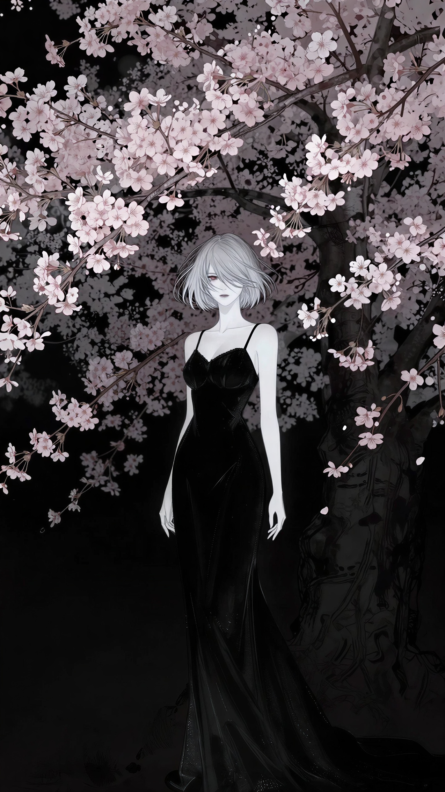 mysterious adult woman standing beneath an enormous cherry blossom tree at midnight, black sleeveless gown, pale porcelain face, short silver-blonde hair sweepi