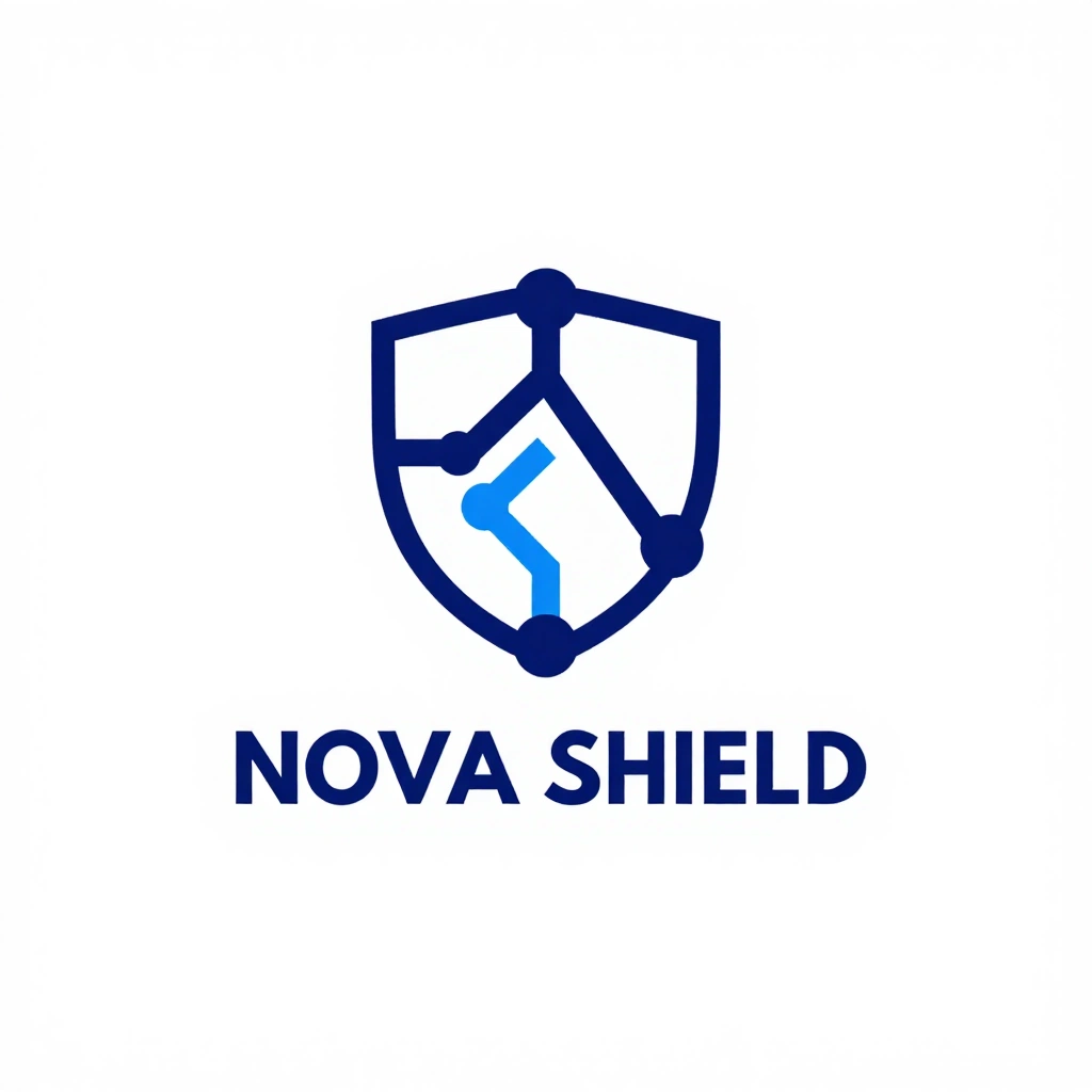 Create a modern vector logo for a cybersecurity product called \"NOVA SHIELD\". Build an abstract shield from three interlocking data nodes and connecting lines