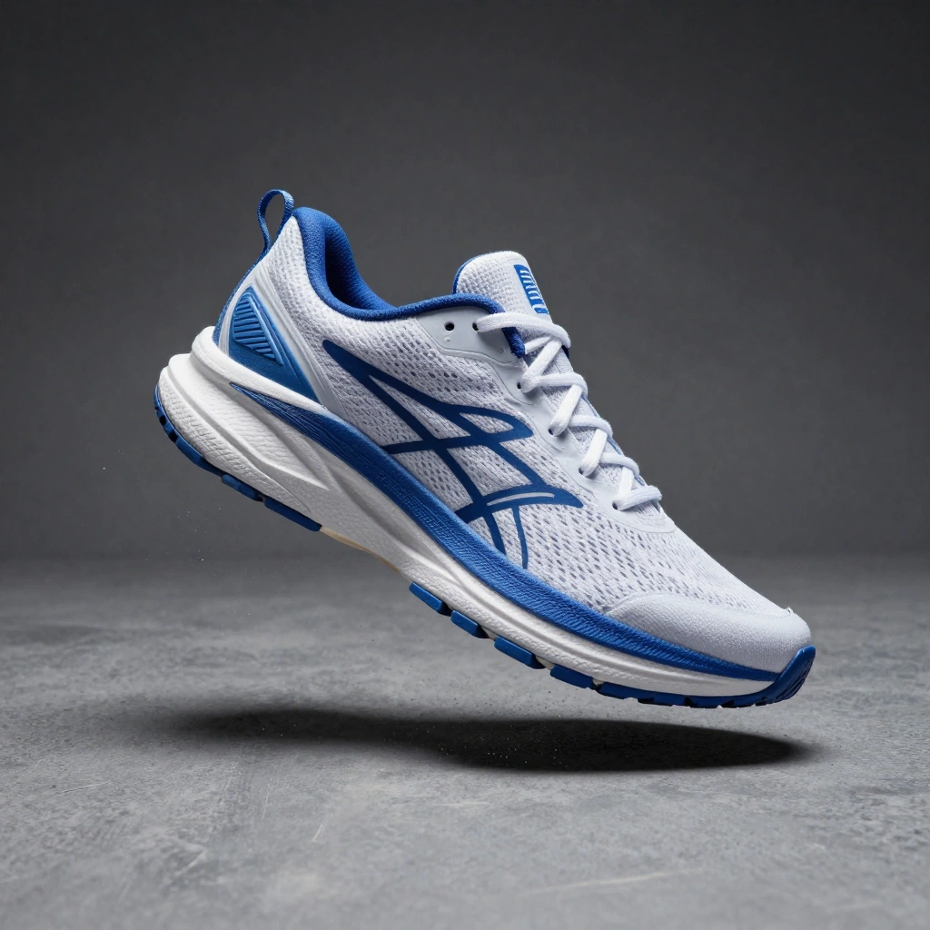 A modern white-and-cobalt running shoe suspended slightly above a textured gray studio floor, angled to show the outer side, sculpted midsole, breathable mesh, 