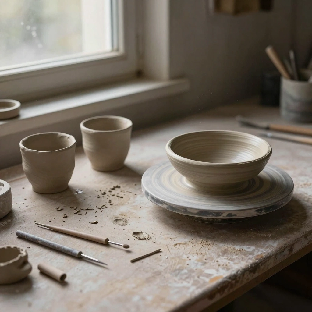 A quiet pottery studio workbench covered with clay tools, trimming scraps, two unfinished cups, and a freshly thrown bowl resting on a wooden bat. Late-afternoo