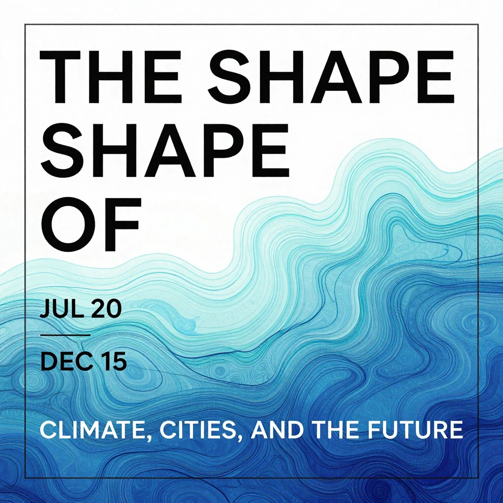 Create a museum exhibition poster with the exact title \"THE SHAPE OF WATER\" and subtitle \"CLIMATE, CITIES, AND THE FUTURE\". Use layered translucent contour 