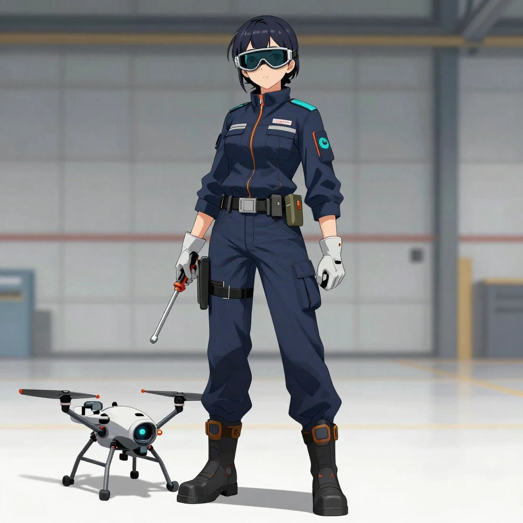 A full-body anime character design of an adult female spacecraft mechanic wearing a practical navy work suit, utility belt, gloves, reinforced boots, and a comp