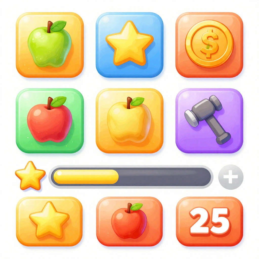 Create a cohesive 2D asset sheet for a casual match puzzle game with six glossy fruit tiles, score stars, coin, booster hammer, shuffle icon, progress bar, leve