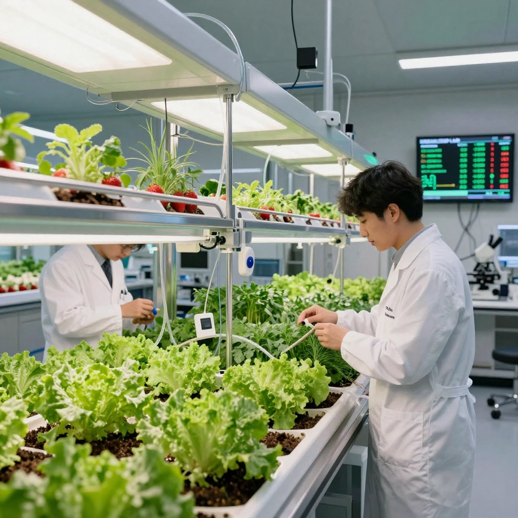 A clean near-future agricultural research laboratory where scientists inspect compact vertical farms containing lettuce, herbs, and strawberries. Transparent ir