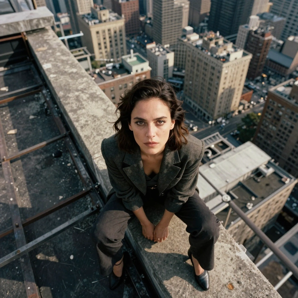 {
  "prompt": "Cinematic high-fashion film still. Extreme top-down medium shot of an adult woman sitting on the edge of a skyscraper rooftop. She is centered in