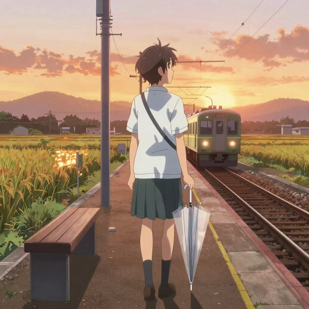 A cinematic anime scene of a high-school-age character waiting alone at a rural train platform at sunset, wearing a standard modest school uniform and holding a