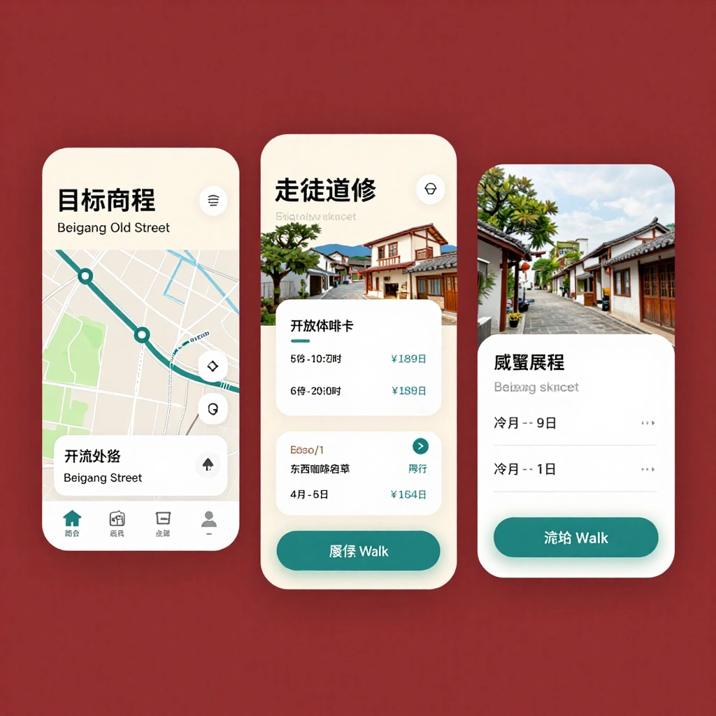Design three connected mobile screens for a local travel-planning app: destination home, walking itinerary, and attraction detail. Use the destination name \"Be