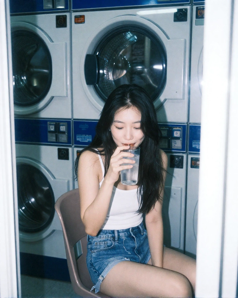 Une jeune fille coréenne adulte photogénique style Instagram, un mélange naturel de style Y2K et de tenue décontractée de groupe de filles coréennes, assise sur
