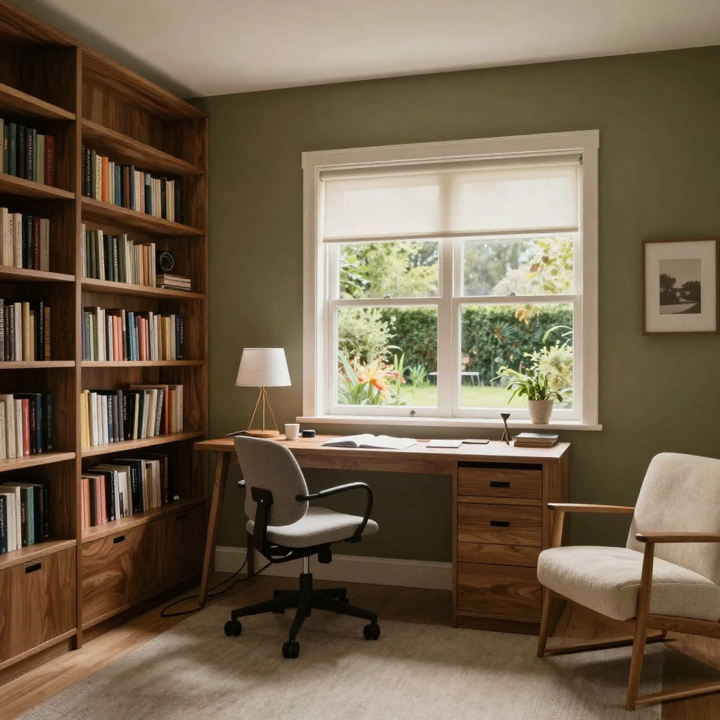 A serene home study designed for focused writing, with a wall-to-wall walnut bookshelf, large desk facing a garden window, ergonomic chair, paper task lamp, clo