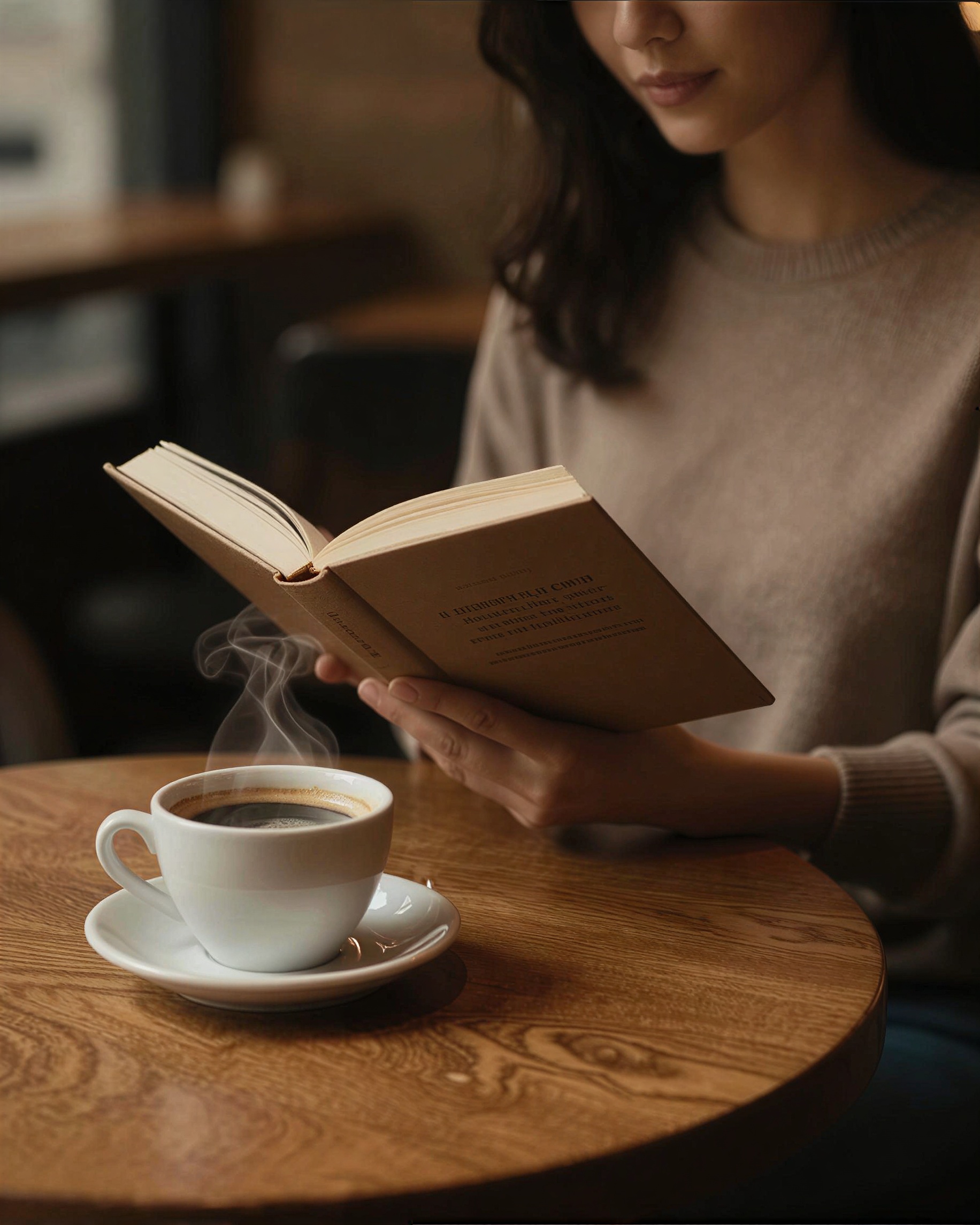 uma mulher lendo um livro em um café com iluminação suave, fotografia de estilo de vida, luz de tungstênio quente, xícara de café fumegante na mesa, profundidad