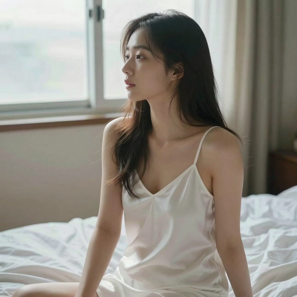 Shot on a Sony A7R V with a 35mm f/1.4 lens. A realistic, high-detail portrait of a beautiful Asian woman in her 20s with refined, elegant features reminiscent 