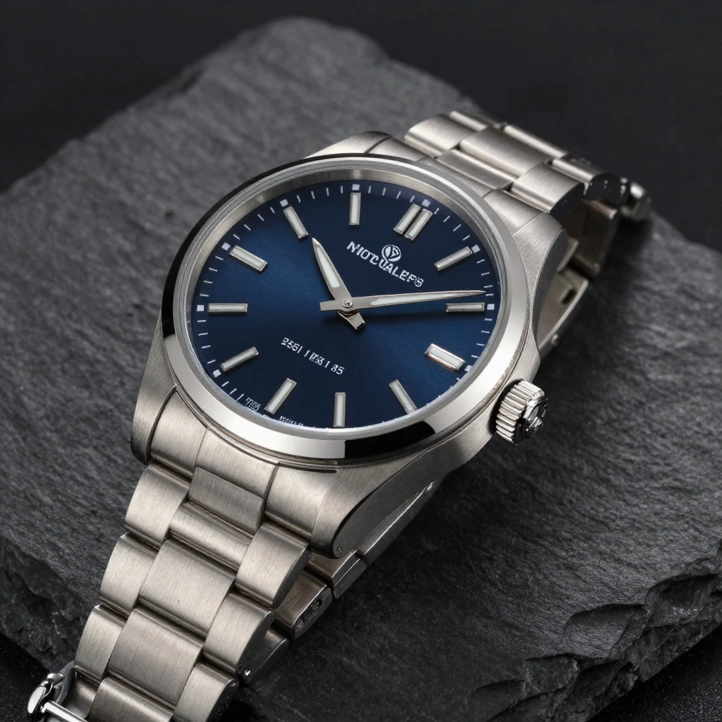 A premium stainless-steel mechanical wristwatch with a deep navy dial, brushed bracelet, polished bezel, and clearly separated hour markers, displayed on a dark