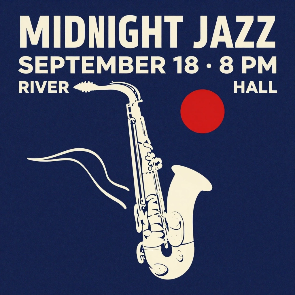 Design a vertical concert poster for a modern jazz event. The headline must read \"MIDNIGHT JAZZ\" with \"SEPTEMBER 18 · 8 PM\" and \"RIVER HALL\" below it. Use