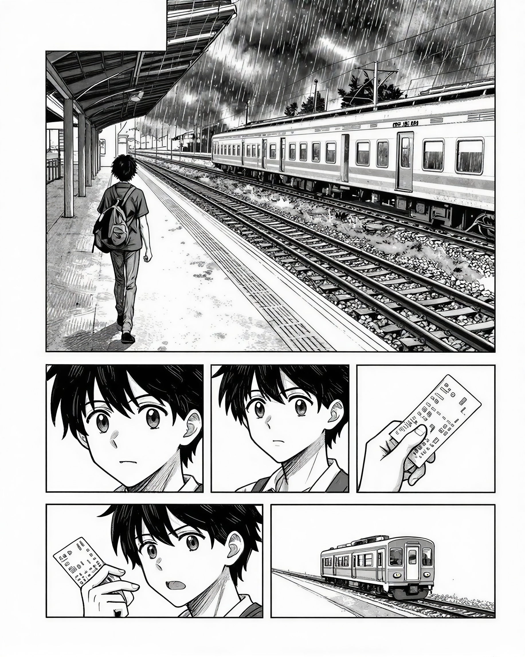 Uma página de mangá completa em preto e branco mostrando um jovem músico chegando a uma estação ferroviária vazia durante uma tempestade, um grande painel de es