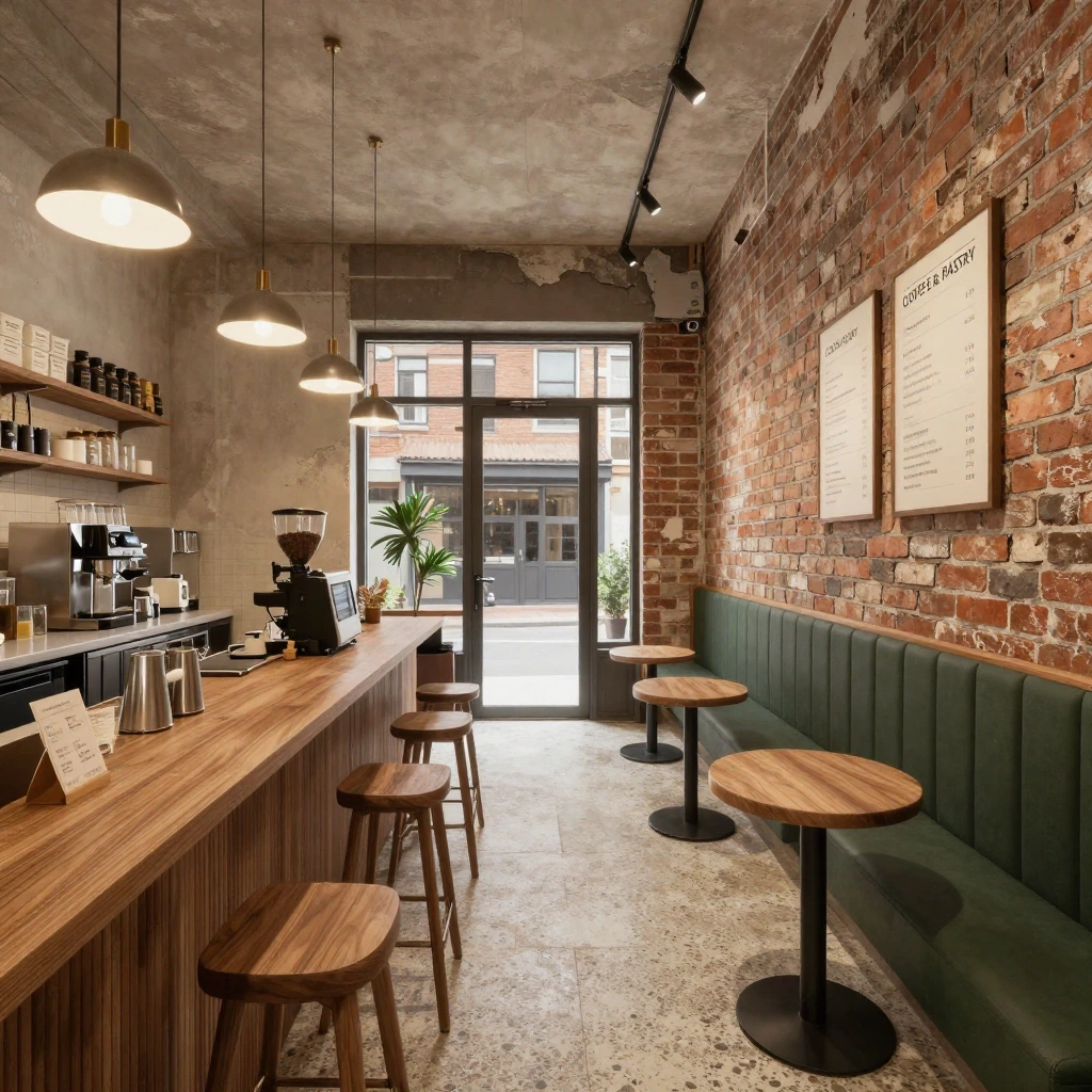 Interior design visualization of a narrow neighborhood coffee shop inside a renovated brick storefront. Include a long walnut counter, brushed stainless equipme