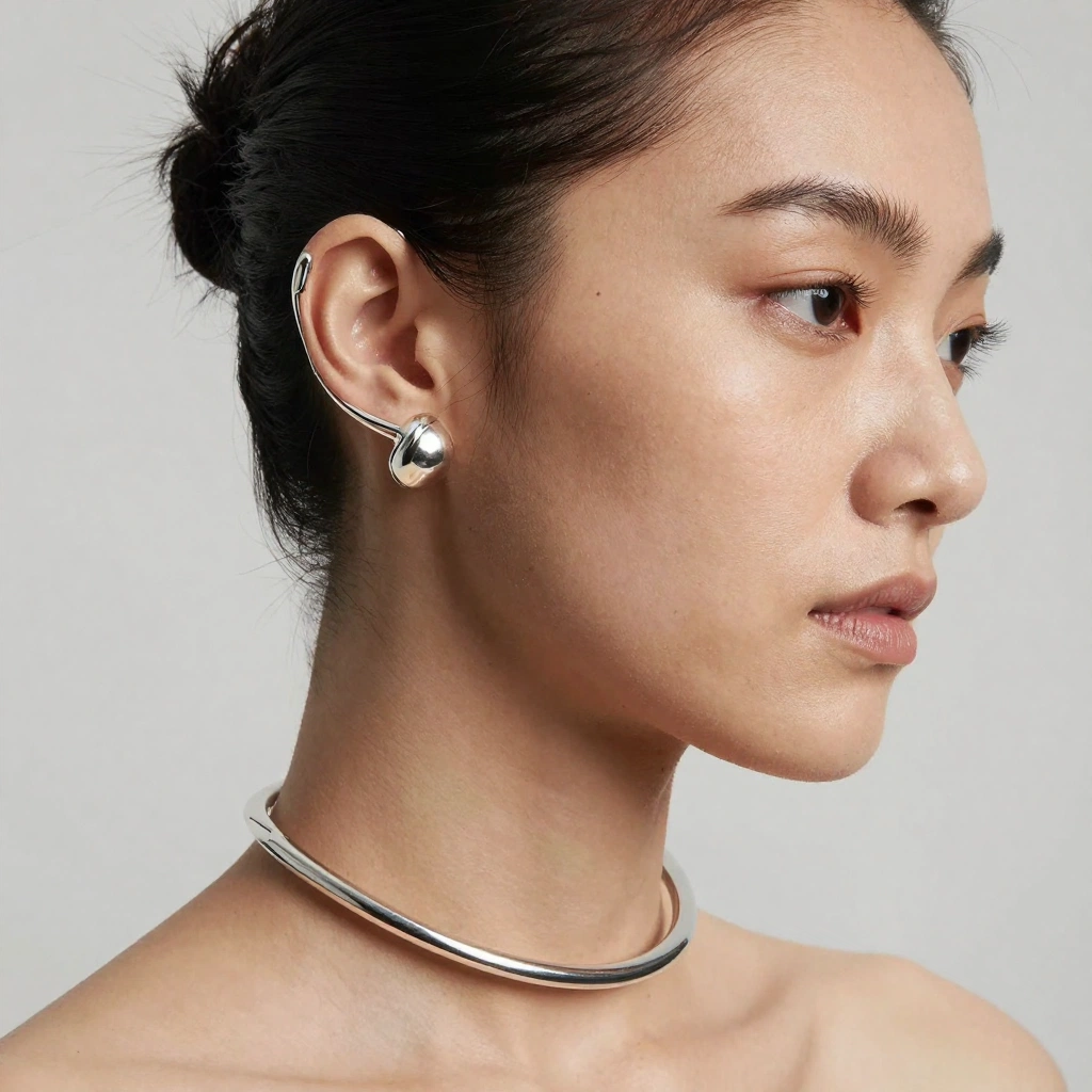 A close fashion-beauty portrait focused on an adult model wearing a sculptural silver ear cuff and matching collar necklace. Her hair is pulled back cleanly, ma