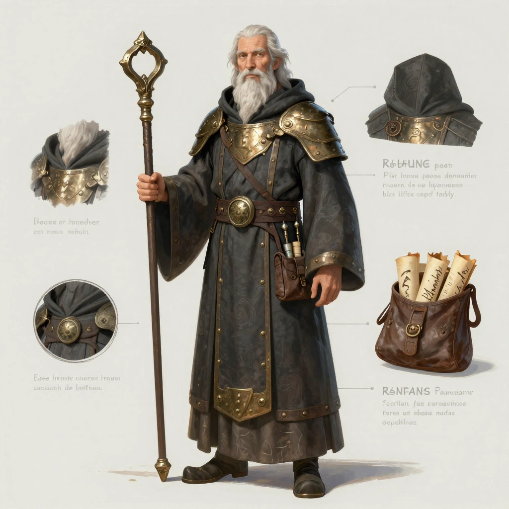 Create a full-body concept design for an elderly fantasy gatekeeper who protects a mountain archive. He wears layered charcoal robes reinforced with bronze plat