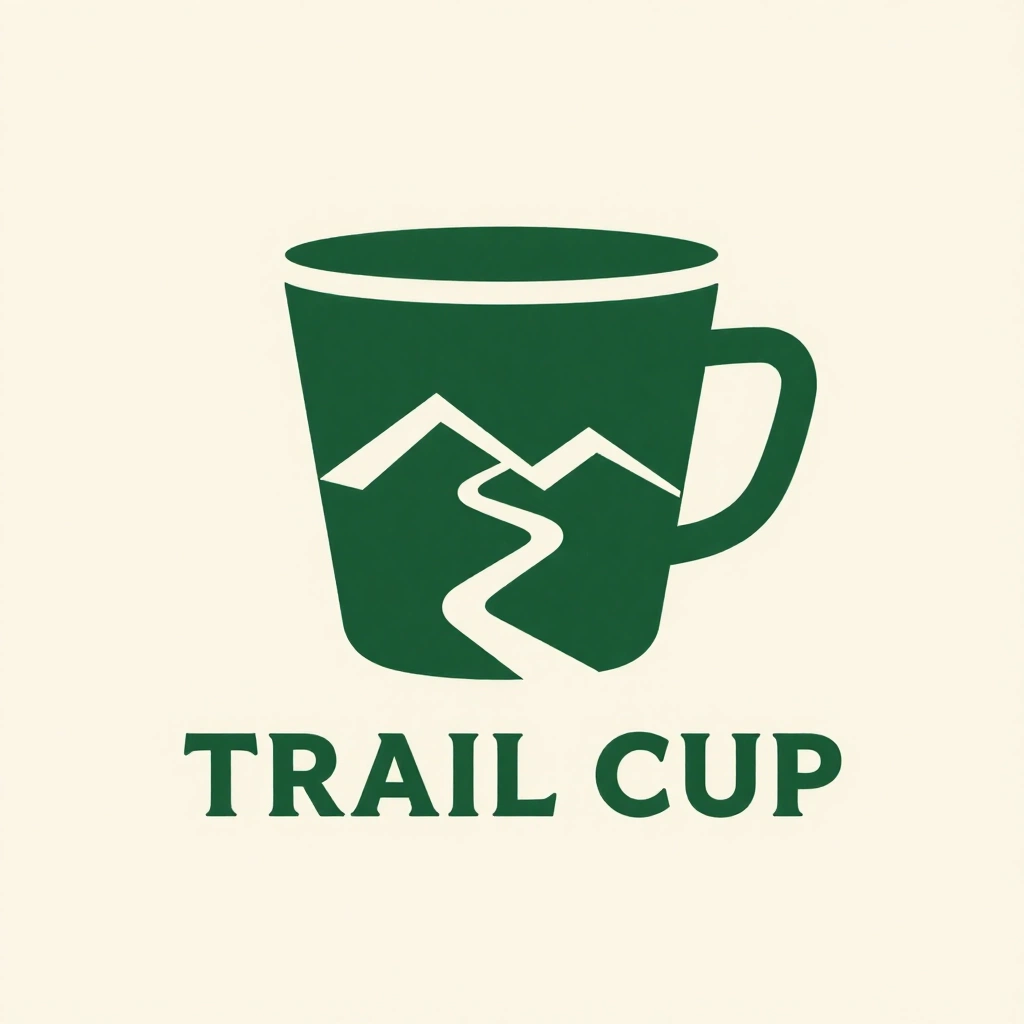 Design a simple vector logo for a specialty coffee brand named \"TRAIL CUP\". Combine the silhouette of a mountain path with the top view of a coffee cup in one