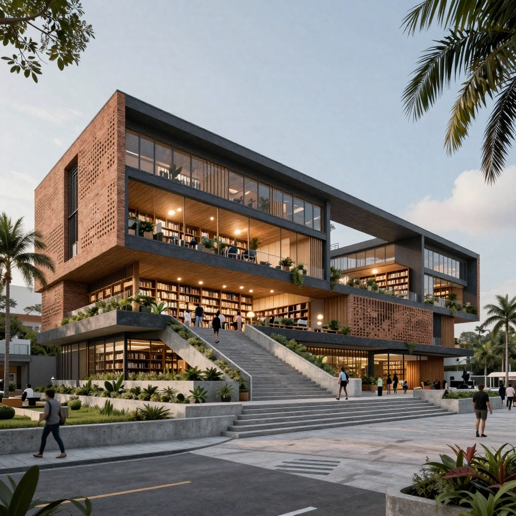 Architectural visualization of a contemporary public library in a tropical city. The building uses deep shaded terraces, perforated brick screens, cross-ventila