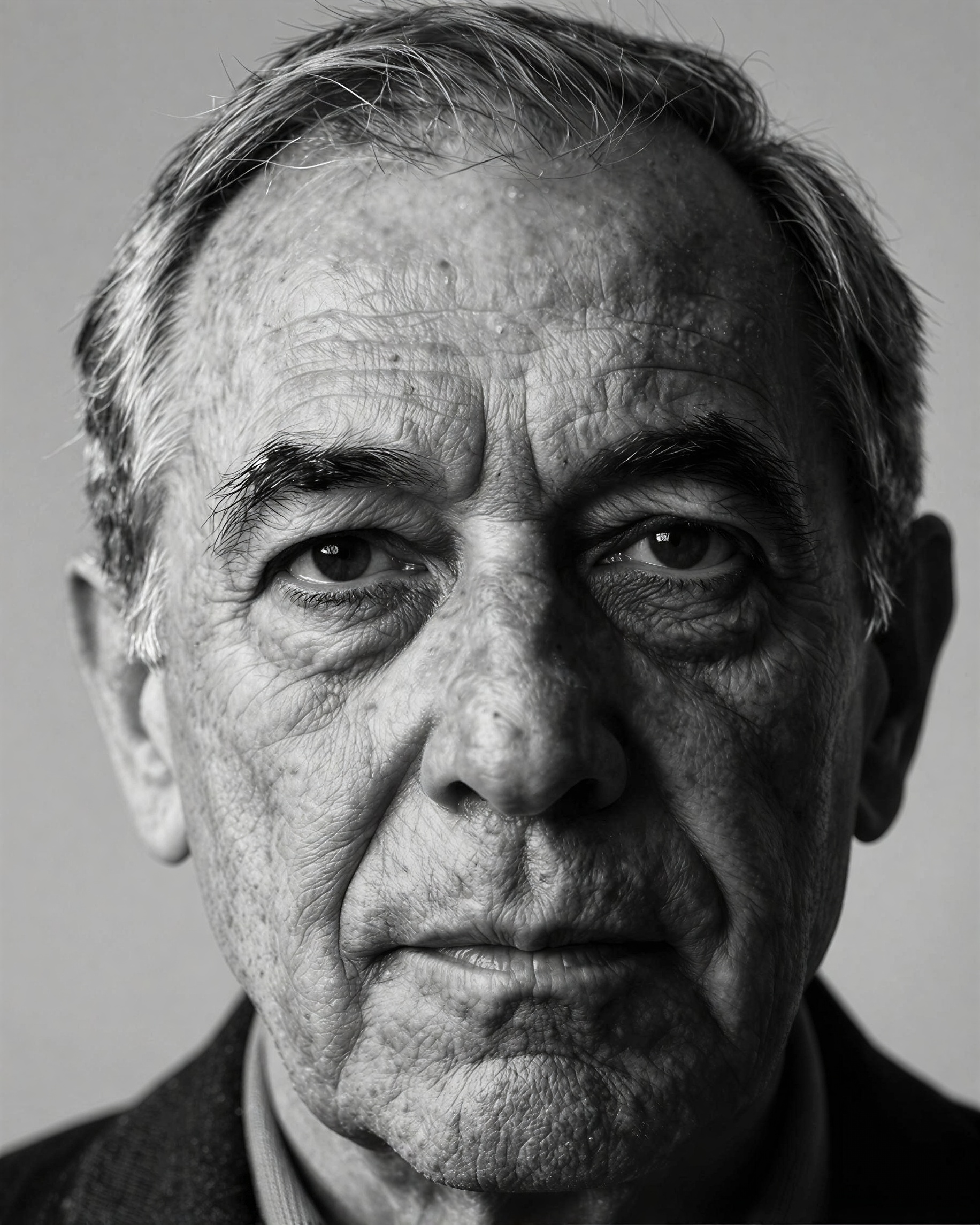 close-up retrato em preto e branco de um homem mais velho com rugas expressivas e olhos pensativos, fotografia de arte, iluminação lateral dramática, sombras pr