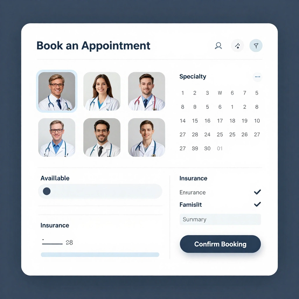 Design a calm responsive web interface for booking a clinic appointment. The page title reads \"Book an Appointment\" and includes specialty selection, doctor c