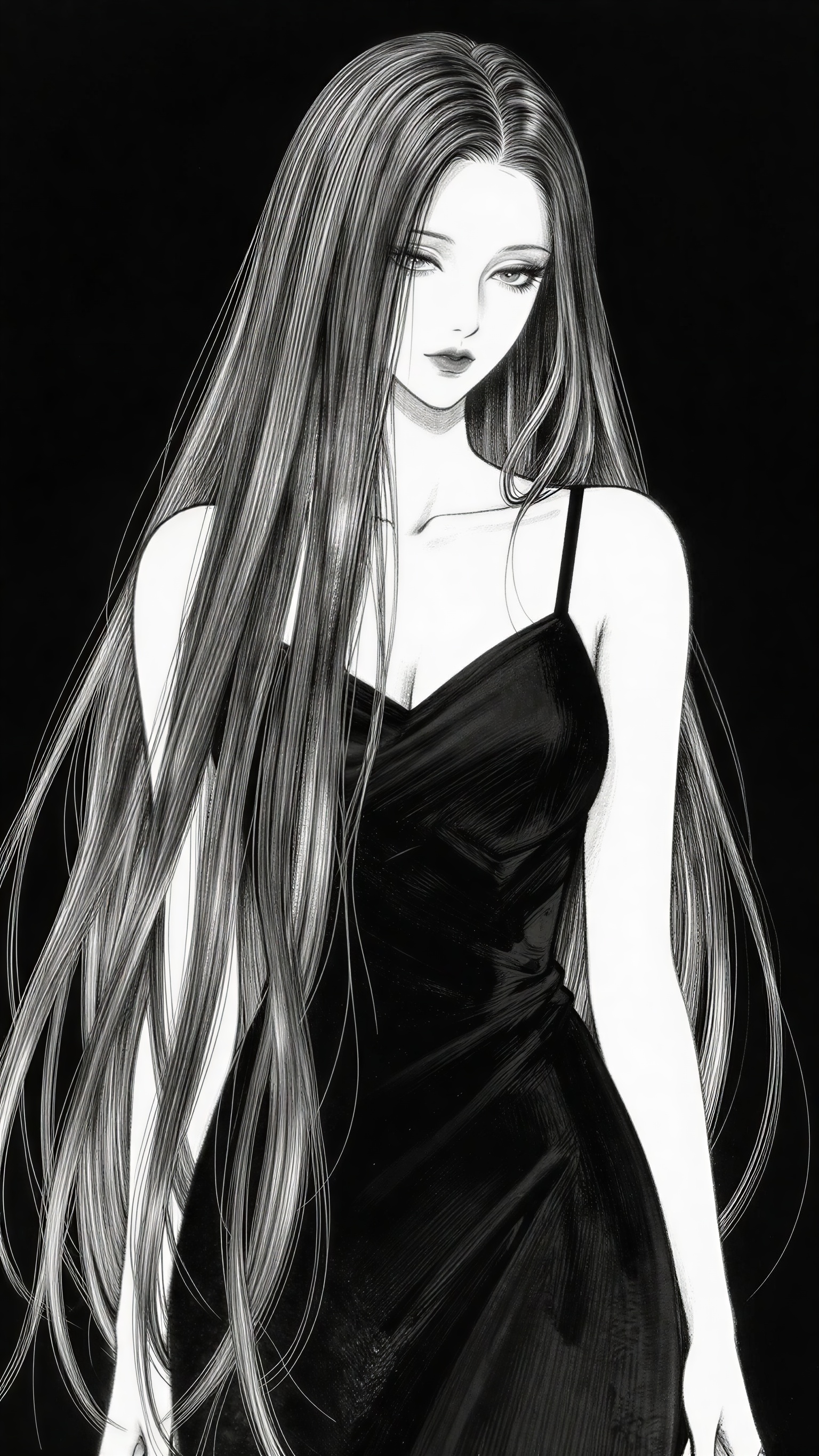 portrait of an elegant adult woman in a sleeveless black dress, extremely long flowing hair covering part of her face, delicate pale features, melancholic gaze,