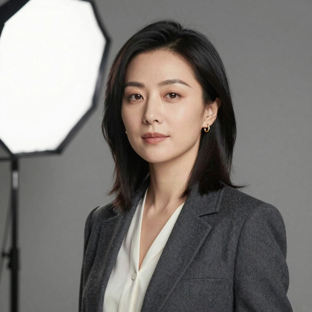 A professional portrait of a woman in her early thirties with shoulder-length black hair, natural skin texture, and a calm confident expression. She wears a cha