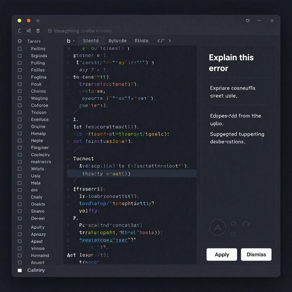 Create a dark-mode desktop interface for an AI coding assistant. Show a file tree on the left, code editor in the center, and a narrow assistant panel on the ri