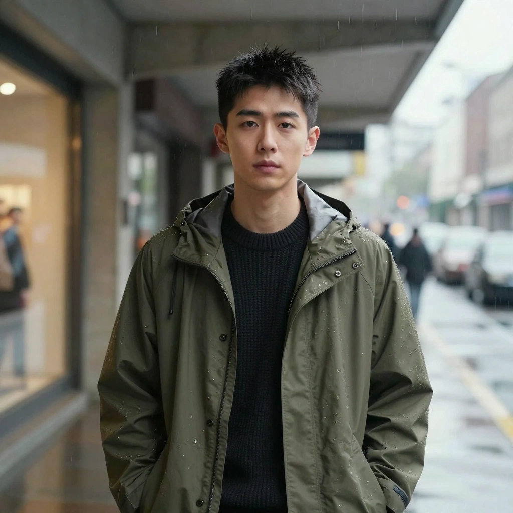 A cinematic street portrait of a young East Asian man with short textured hair, wearing a dark olive raincoat over a black knit sweater, standing beneath a conc